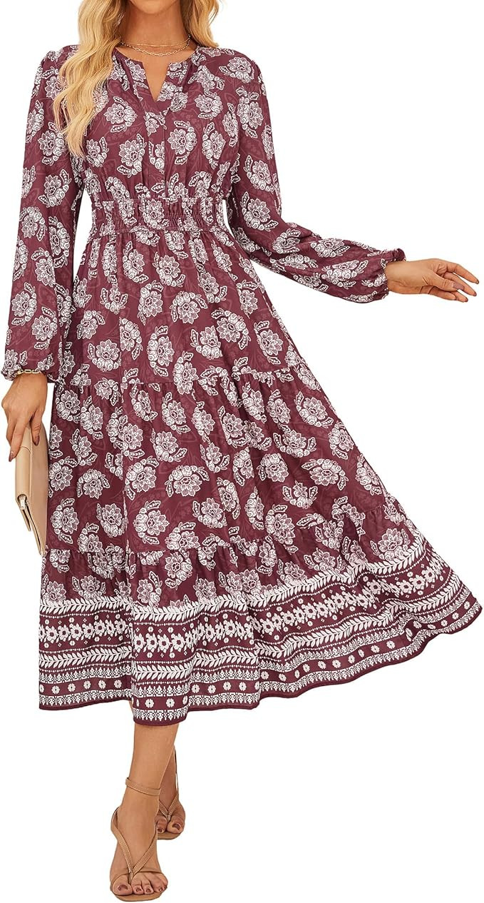 GRACE KARIN Women Fall Wedding Guest Dresses 2025 Floral Long Sleeve Maxi Dress Boho V Neck Empir... | Amazon (US)