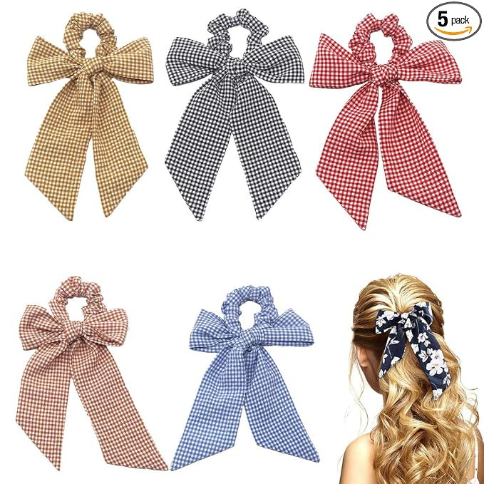 5Pcs Bow Hair Scrunchies, Polka Dot Scarf Hair Bow, Chiffon Bow Hair Bands Hair Scarves for Women... | Amazon (US)