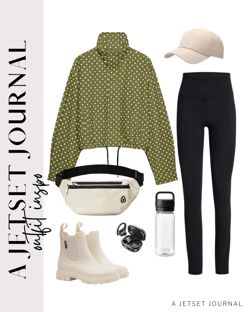 If you choose to wear cozy leggings, pair them with an army-green polka-dot jacket. This combination makes a great outdoor outfit that won’t get you wet. Additionally, a waterproof baseball cap and waist bag are perfect accessories for rainy weather. 

 #LTKSeasonal #LTKSaleAlert #LTKTravel