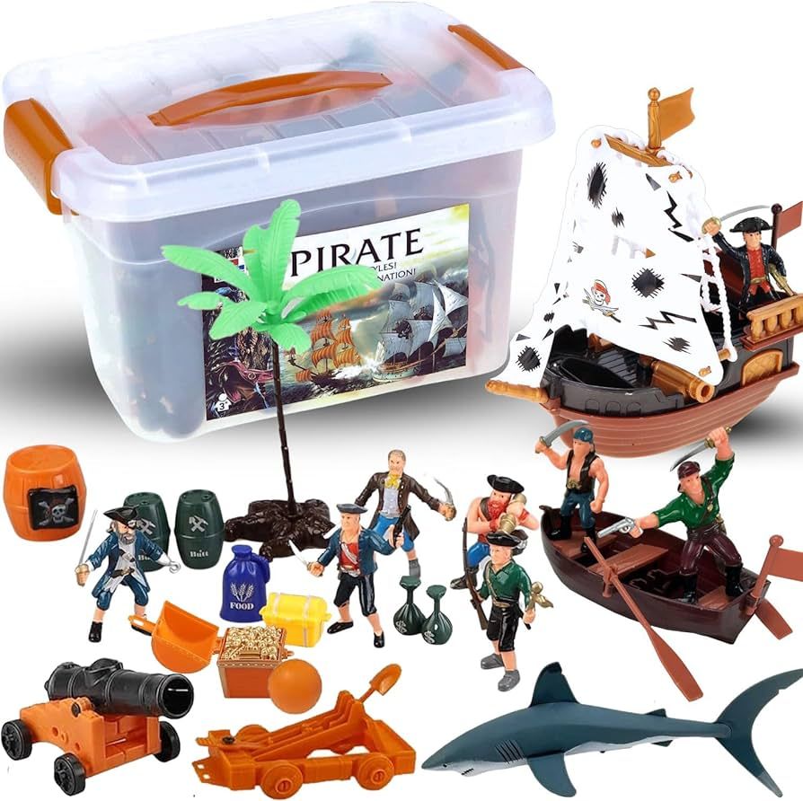 Liberty Imports Bucket of Pirate Action Figures Toys Playset with Pirate Ship, Boat, Treasure Che... | Amazon (US)