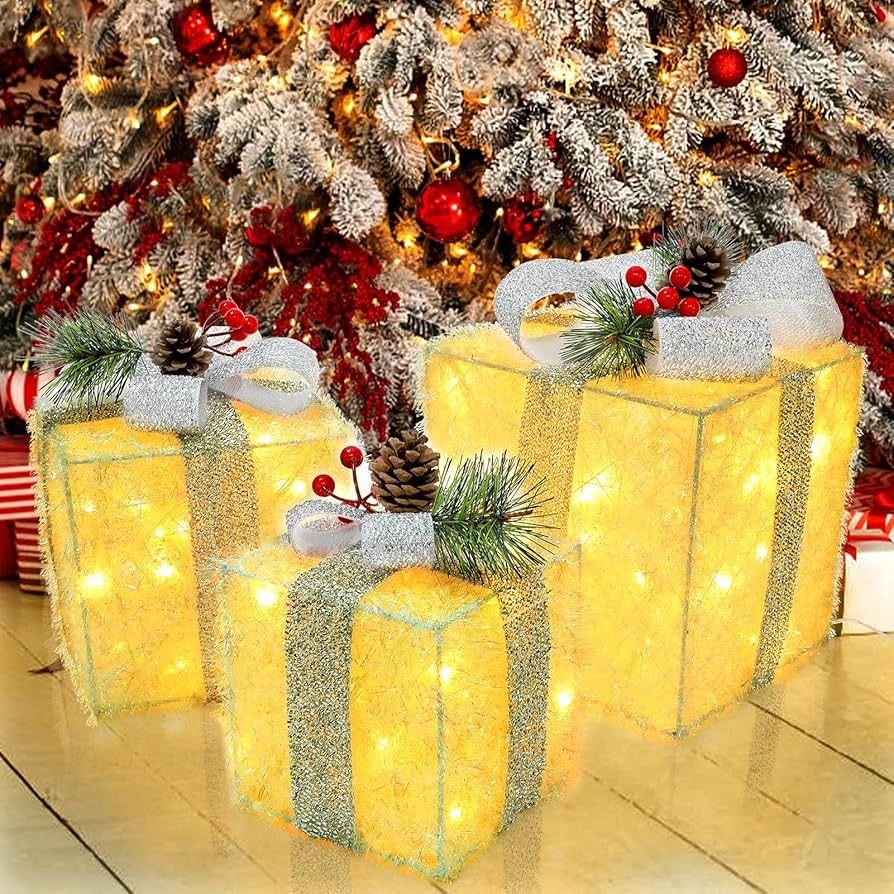 KaKaPops Christmas Lighted Gift Boxes, Set of 3 Light Up Present Boxes, 60 LED Plug in Lighted Xm... | Amazon (US)