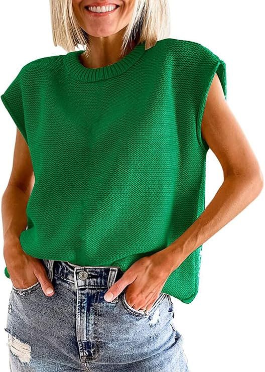 Womens Summer Sweater Vest Cap Sleeve Crew Neck Casual Loose Fit Knit Lightweight Pullover Tank T... | Amazon (US)