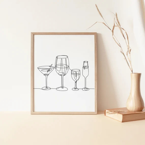 Drinks Print, Fine Line Art, Simple Line Art, Bar Cart Print, Bar Cart Art, Kitchen Art, Cocktail... | Etsy (US)