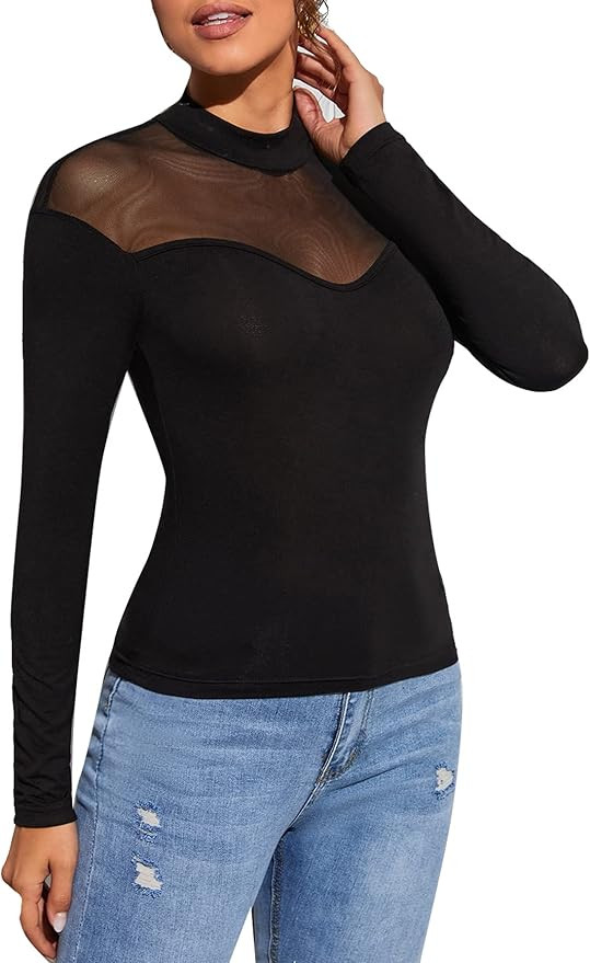 GORGLITTER Women's Sheer Long Sleeve Tops Mock Neck Mesh See Though Solid Tee T Shirt | Amazon (US)