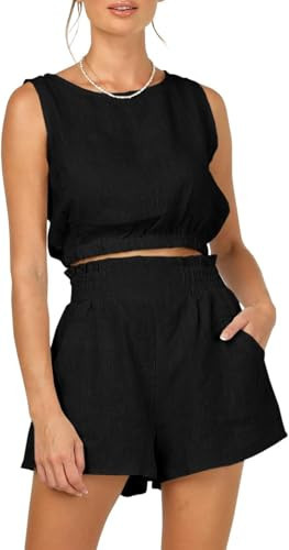 Eurivicy Women's 2 Piece Outfits Sleeveless Crop Tank Top and High Waist Pocketed Shorts Loose Summer 2pcs Short Sets | Amazon (US)