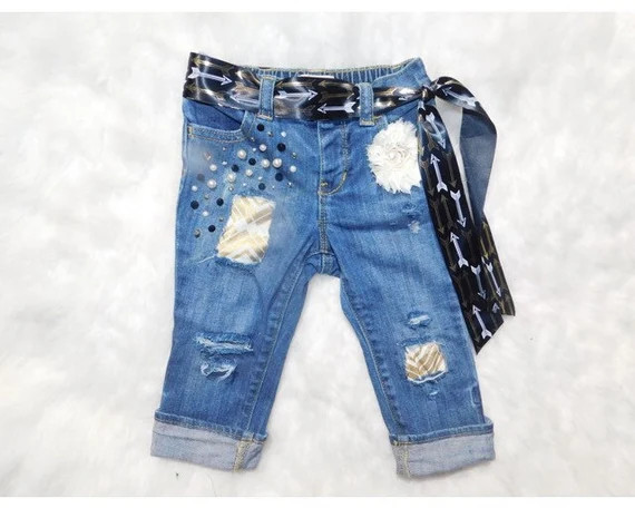 girls boho jeans baby boho denim toddler distressed jeans with arrows for baby girl jeans with bl... | Etsy (US)