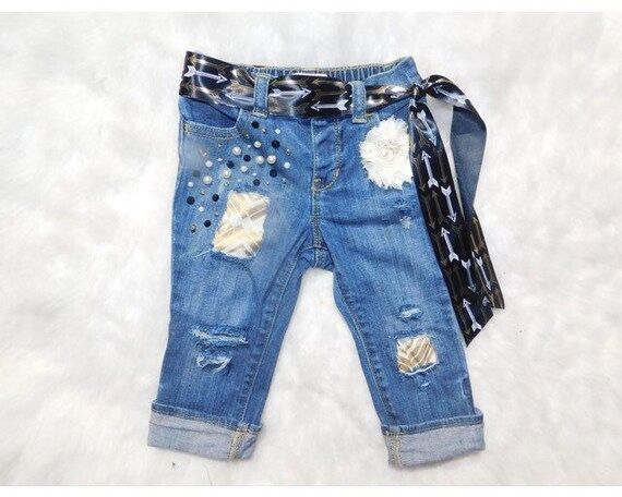 girls boho jeans baby boho denim toddler distressed jeans with arrows for baby girl jeans with bl... | Etsy (US)