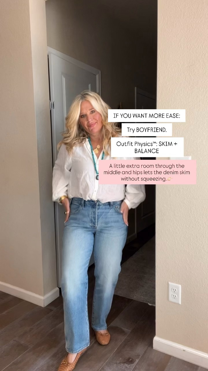 ✨Tap the bell, save and ❤️ start here over 40 fashion, midlife style, midsize fashion and luxury looks for less.  

1. Boyfriend 12 (size down if in between sizes.) 
2. Straight leg 12 (size up if in between sizes.)
3. Flare bow leg 31 petite (size down if in between sizes.)
4. Midrise lose 12 (size down if in between sizes.) 


For years, I thought finding jeans that worked with my belly meant finding the “right size.”

Turns out, the number on the tag was only part of it.

The shape of the jean changes everything.

Flare bow leg gives me balance.
Straight gives me that long ’90s-supermodel line.
Boyfriend gives me ease.
Mid-rise loose gives my belly + hips breathing room.

Same body in every photo. Completely different fit.

That’s what Outfit Physics™ is about—learning what works with our bodies, so getting dressed feels easier again.

Comment JEANS and I’ll send all 4 pairs + exactly what size I’m wearing.

👑 Helping you look good, feel good.-Lindsey Denver   Check back daily for belly-friendly style, confidence, and Outfit Physics™.

Comment SHOP below to receive a DM with the link to this post on my LTK ⬇ https://liketk.it/6p95f