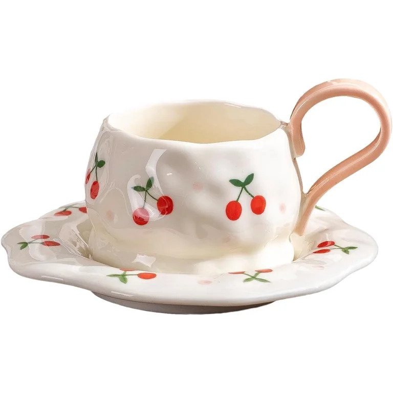 Lychee Pattern Ceramic Mug and Saucer Set - 260ml Porcelain Coffee Cup with Floral Saucer, Floral... | Walmart (US)