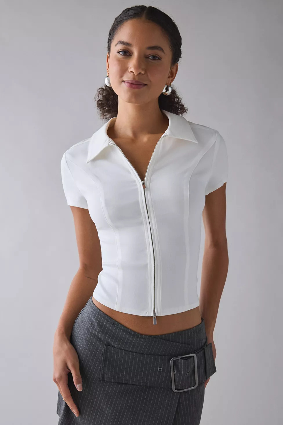 UO Ledia Slim Short Sleeve Zip-Front Shirt | Urban Outfitters (US and RoW)