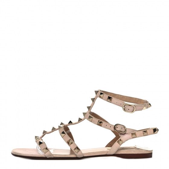 VALENTINO GARAVANI Suede Rockstud Gladiator Flat Sandals 37.5 Poudre | FASHIONPHILE (US)