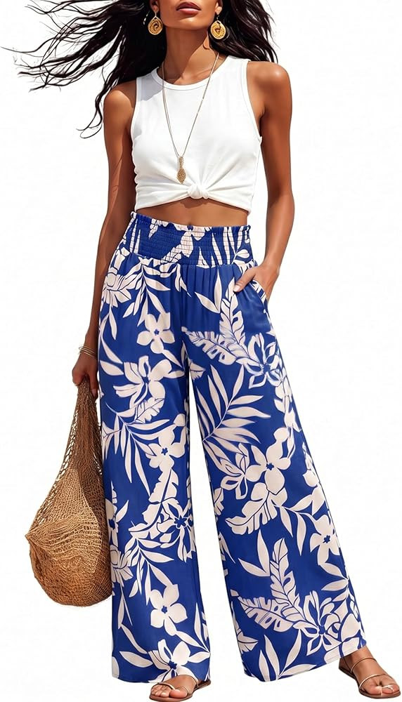 Athlisan Womens Summer Wide Leg Palazzo Pants Casual Boho Flowy Floral Lounge Trousers Beach Vaca... | Amazon (US)