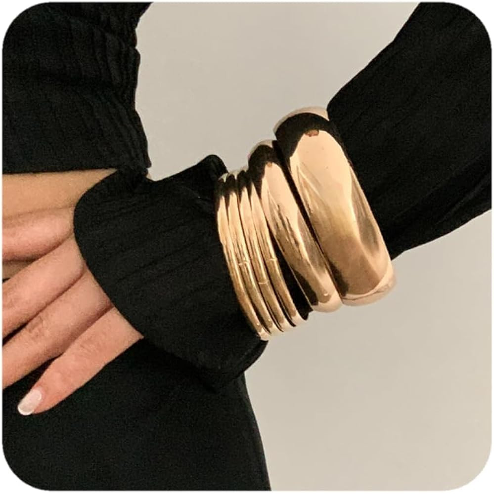 ALEXTINA Chunky Gold Bracelets Set for Women 18K Gold Plated High Shine Bracelets Minimalist Open... | Amazon (US)