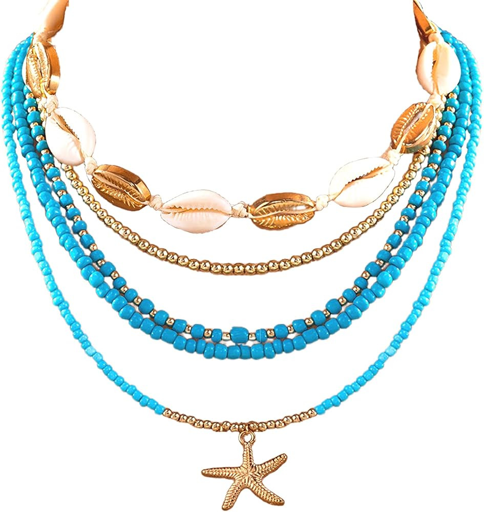 Pack 5 Beach Boho Clay Bead Puka Shell Starfish Choker Necklaces for Women Summer 2026 Layered Ne... | Amazon (US)