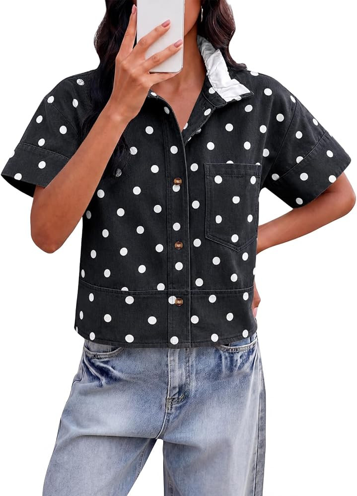 Tankaneo Womens Polka Dot Button Down Denim Shirt Short Sleeve Cropped Tops | Amazon (US)