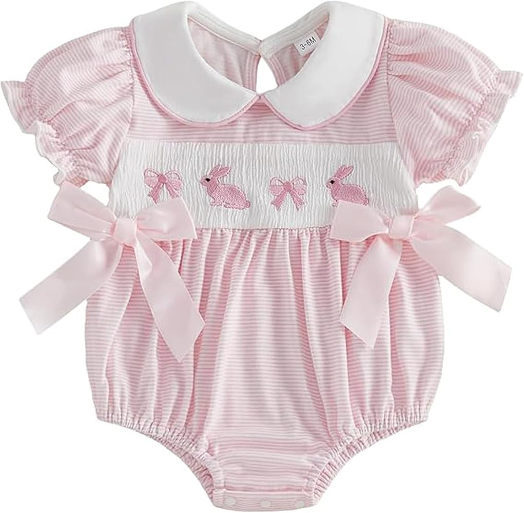 Easter Outfit Baby Girl Smocked Clothes Embroidery Short Puff Sleeve Stripe Romper My First Easte... | Amazon (US)