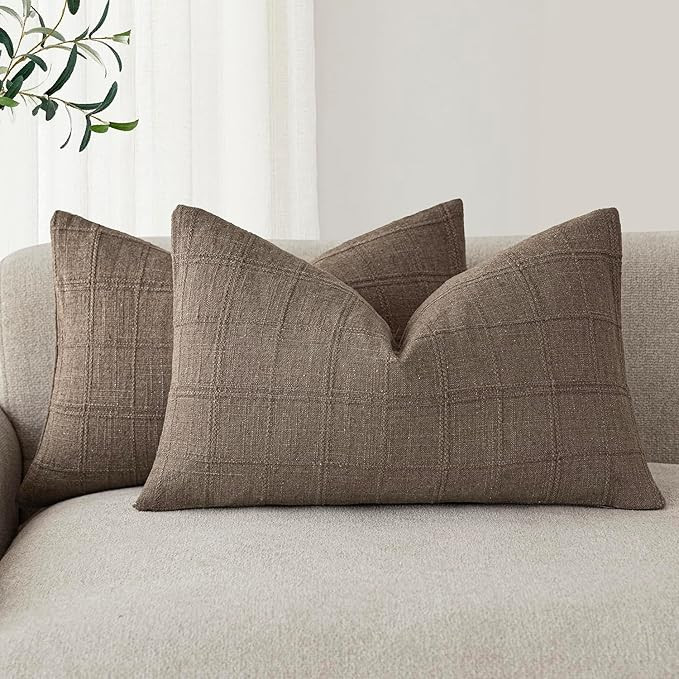 Foindtower Set of 2 Decorative Linen Check Throw Pillow Covers Neutral Farmhouse Lumbar Cushion C... | Amazon (US)