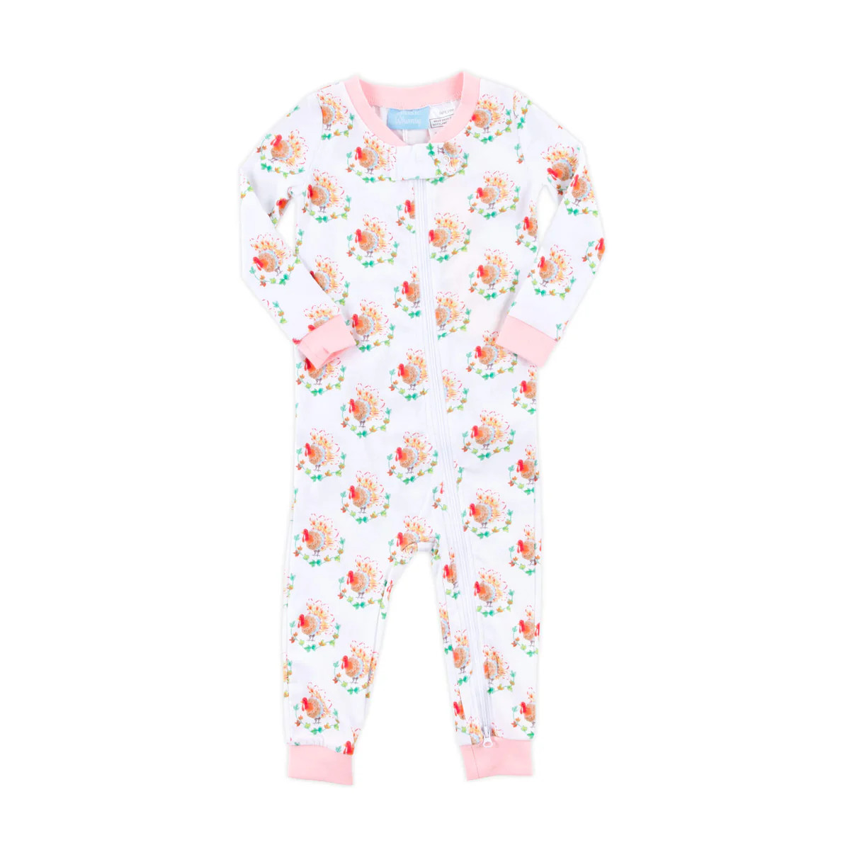 Feathery Turkey Print Pink Rib Zip Sleeper | Classic Whimsy