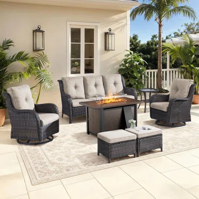 Wendye 7-Piece Patio Set W/ 55K BTU Fire Pit, 3-Seater Sofa, Swivel Rockers & Ottomans For Backyard, Deck | Wayfair North America