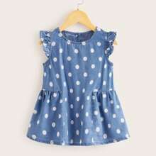 Toddler Girls Polka Dot Ruffle Trim Denim Dress | SHEIN