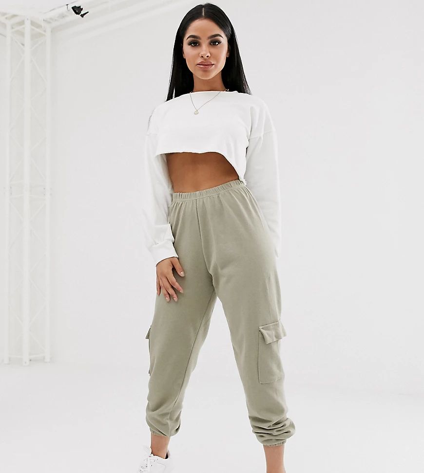 PrettyLittleThing Petite joggers with pocket detail in stone | ASOS (Global)