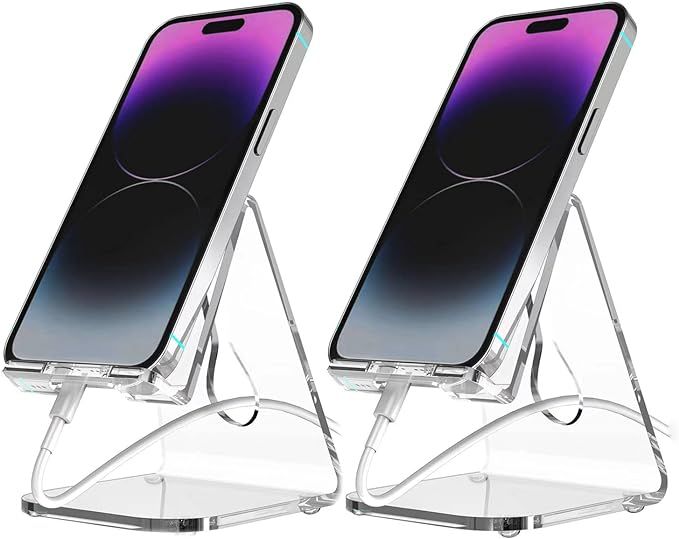 2 Pack Acrylic Cell Phone Stand, Phone Holder for Desk, Portable Clear Phone Stand,Office Desktop... | Amazon (US)