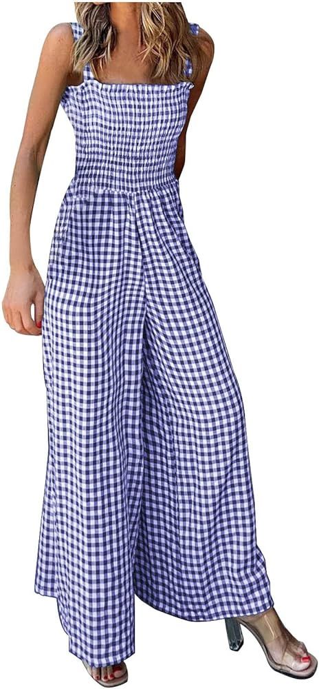 SMIDOW Sleeveless Jumpsuits For Women Elegant Sleeveless Smocked Jumpsuit Plaid Gingham Wide Leg ... | Amazon (US)