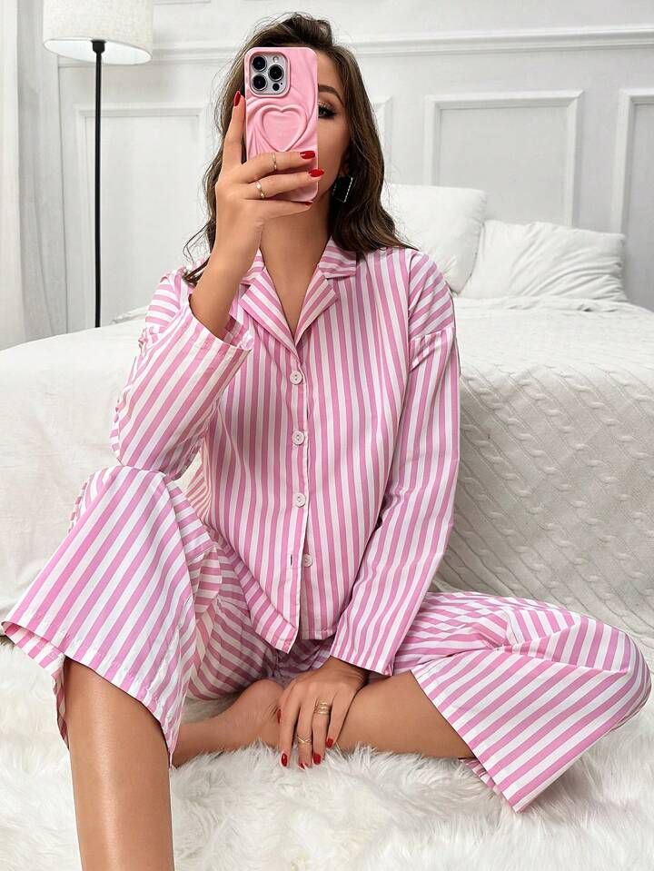 Nina Bonheur 2pcs/Set Women Loose Long Sleeve Sleepwear Pajamas With Wide Stripes, Suitable For F... | SHEIN