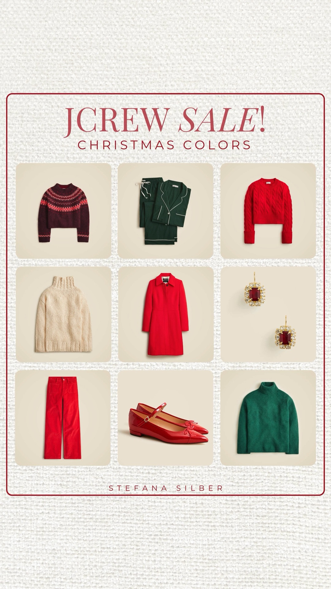 JCrew finds in Christmas colors! 40% off
sale happening now! 

Sweaters, pajamas, red coat, festive earrings, fair isle sweater, red, green, burgundy 

#LTKOver40 #LTKSeasonal #LTKMidsize