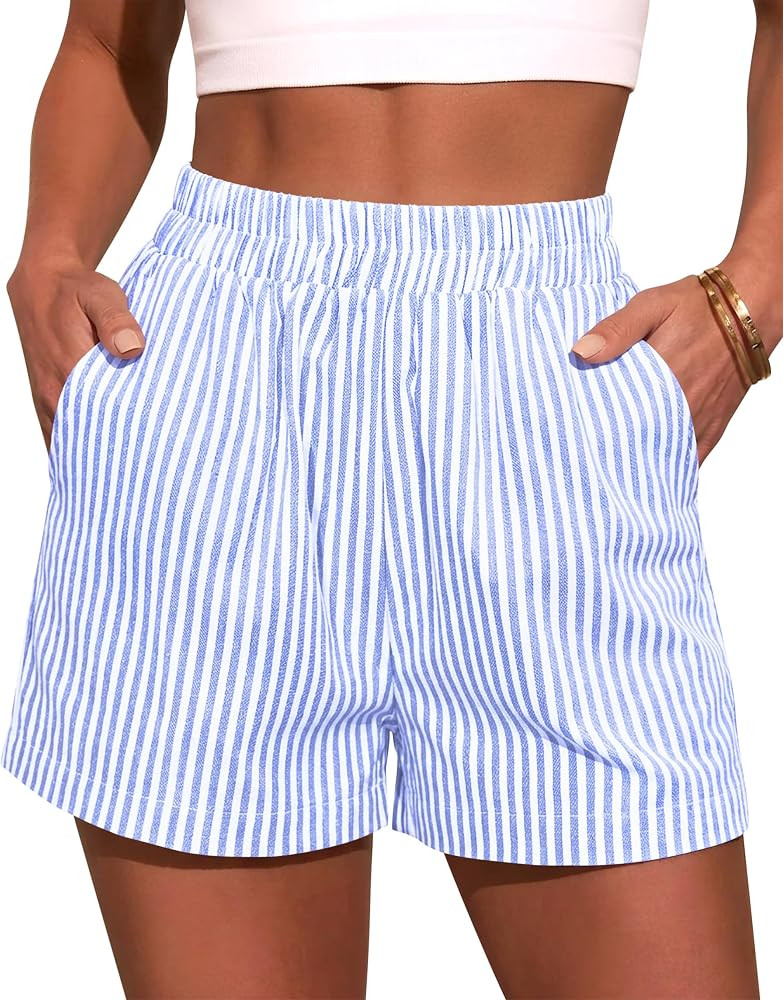 Diosun Womens Striped/Gingham Boxer Shorts Summer Casual Beach Shorts Elastic Waist Straight Leg ... | Amazon (US)