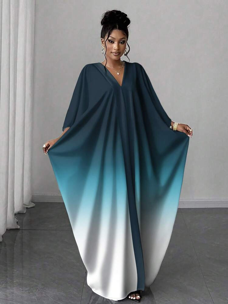 Maweii Women's Ombre Digital Print Cape Dress,Navy Blue,Summer,Modest,Vacation, Al-Adha Abayas Du... | SHEIN