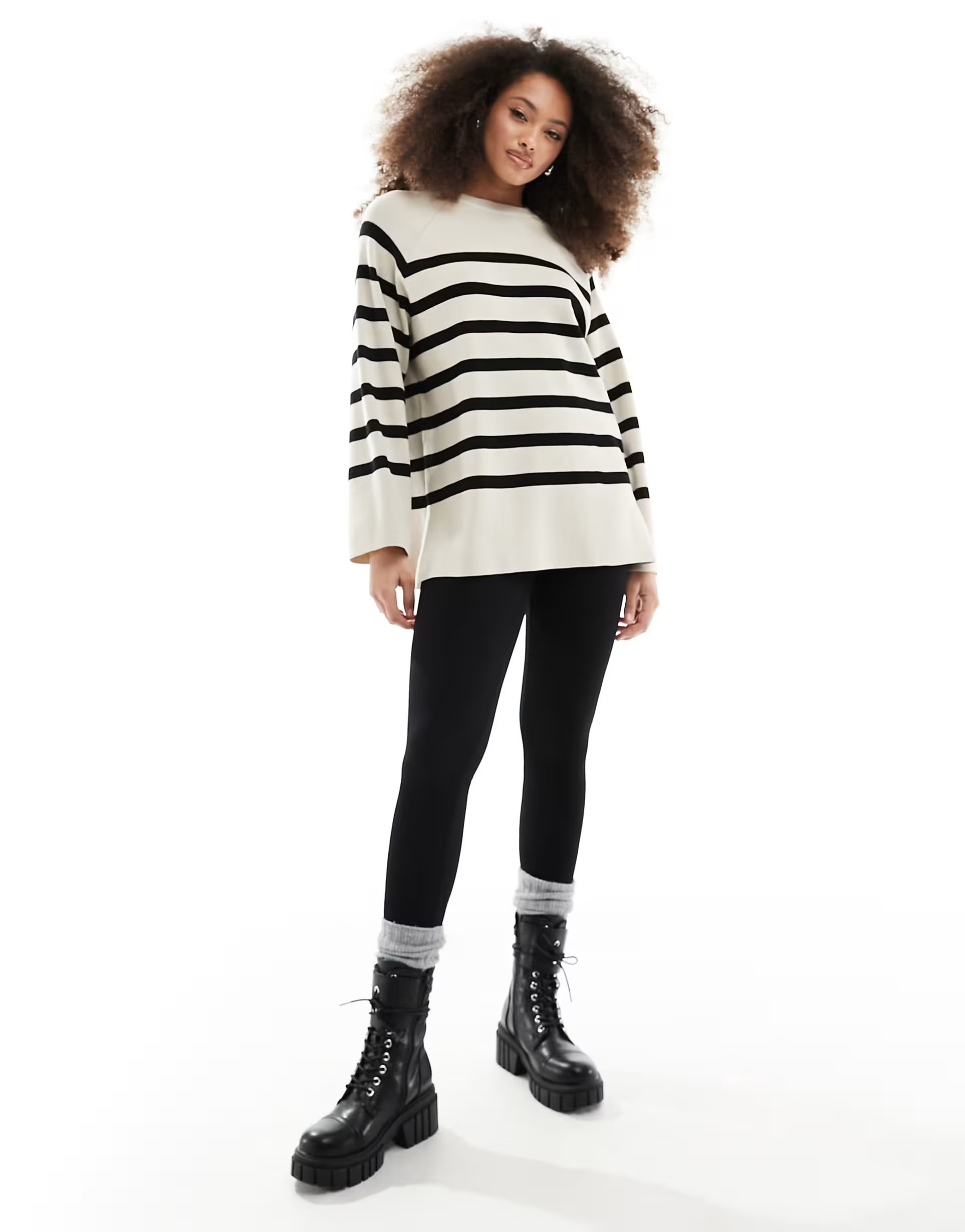 Object knitted round neck jumper in cream mono stripe | ASOS (Global)