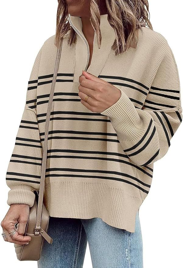 Womens Sweaters Casual Zipper Neck Knit Tops Batwing Sleeve Oversized Sweatshirt Strip... | Amazon (US)
