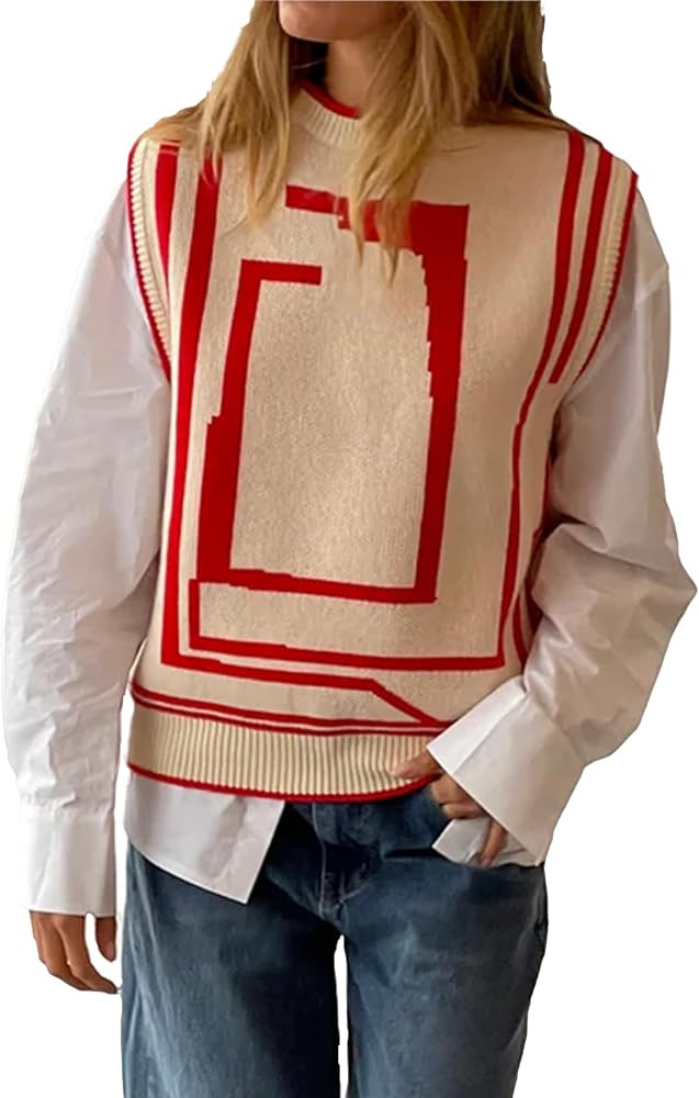 Fiona Jolin Womens Sweater Vest Loose Crewneck Sleeveless Pullover Sweater Graphic Ribbed Knitted... | Amazon (US)