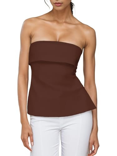 Strapless Tube Tops for Women Backless Going Out Bandeau Top Sexy Trendy Off Shoulder Side Split Summer Bustier Tops Brown | Amazon (US)
