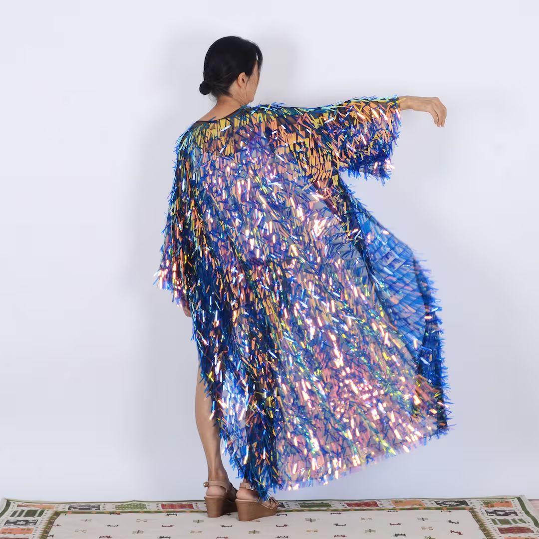 sequin kimono,floor length,blue/yellow sequin festival kimono,sequin duster,rave clothing, coat b... | Etsy (US)