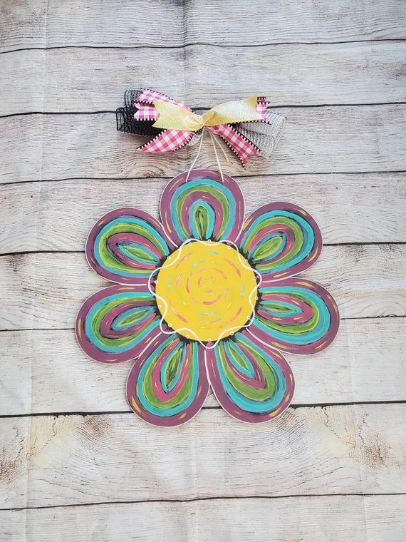 Spring Flower Door Sign, Daisy Door Hanger, Summer Door Hanger, Flower Door Wreath, Rainbow Flowe... | Etsy (US)