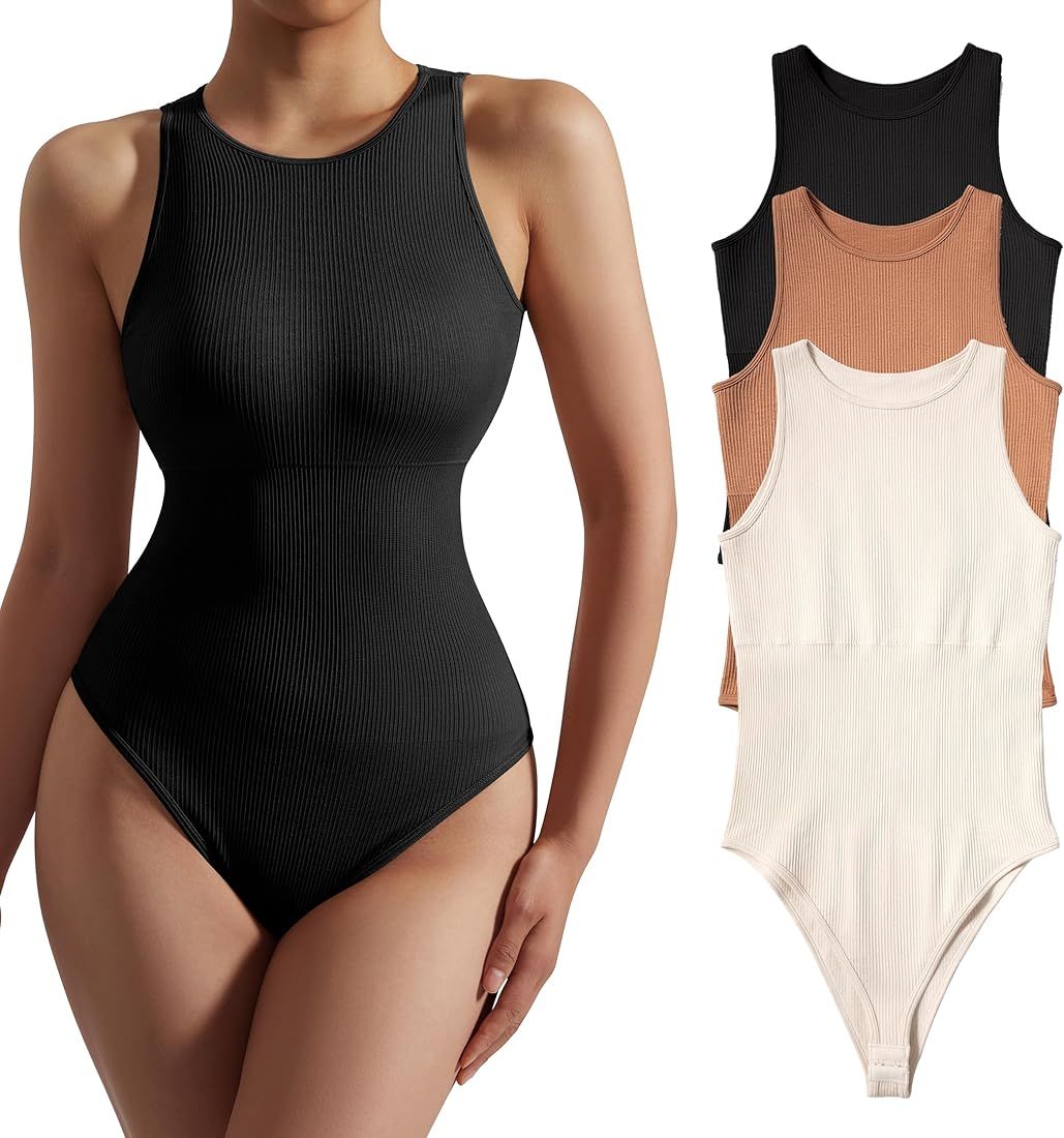 MOSHENGQI Women 3 Piece Ribbed Bodysuit Halter Neck Sleeveless Tank Tops Thong Shapewear | Amazon (US)