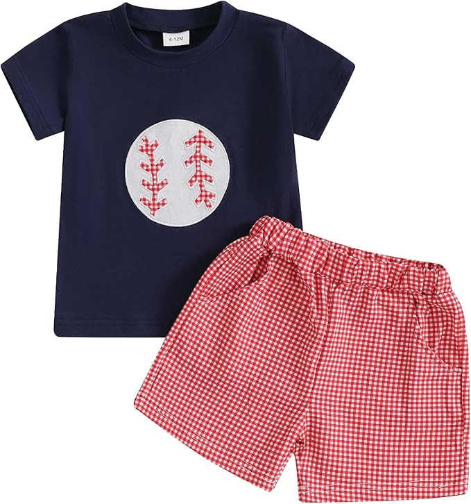 Toddler Baby Boy Clothes Summer Outfits Embroidery Smocked Short Sleeve Shirt T-Shirt + Gingham S... | Amazon (US)