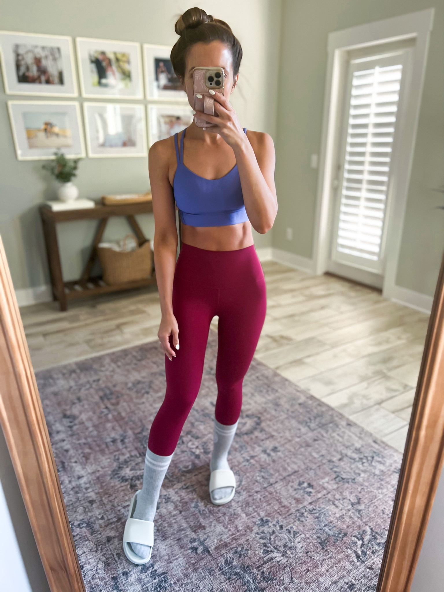 Lululemon align leggings 23” (sz 0, pomegranate). Lululemon ribbed like a cloud longline bra (sz 4, older color). Lululemon slides (SO COMFY). Pure Barre outfit. Yoga outfit. Slides comes in whole sizes only so I did a 7 (usually a 6.5). 

#LTKshoecrush #LTKunder100 #LTKfit