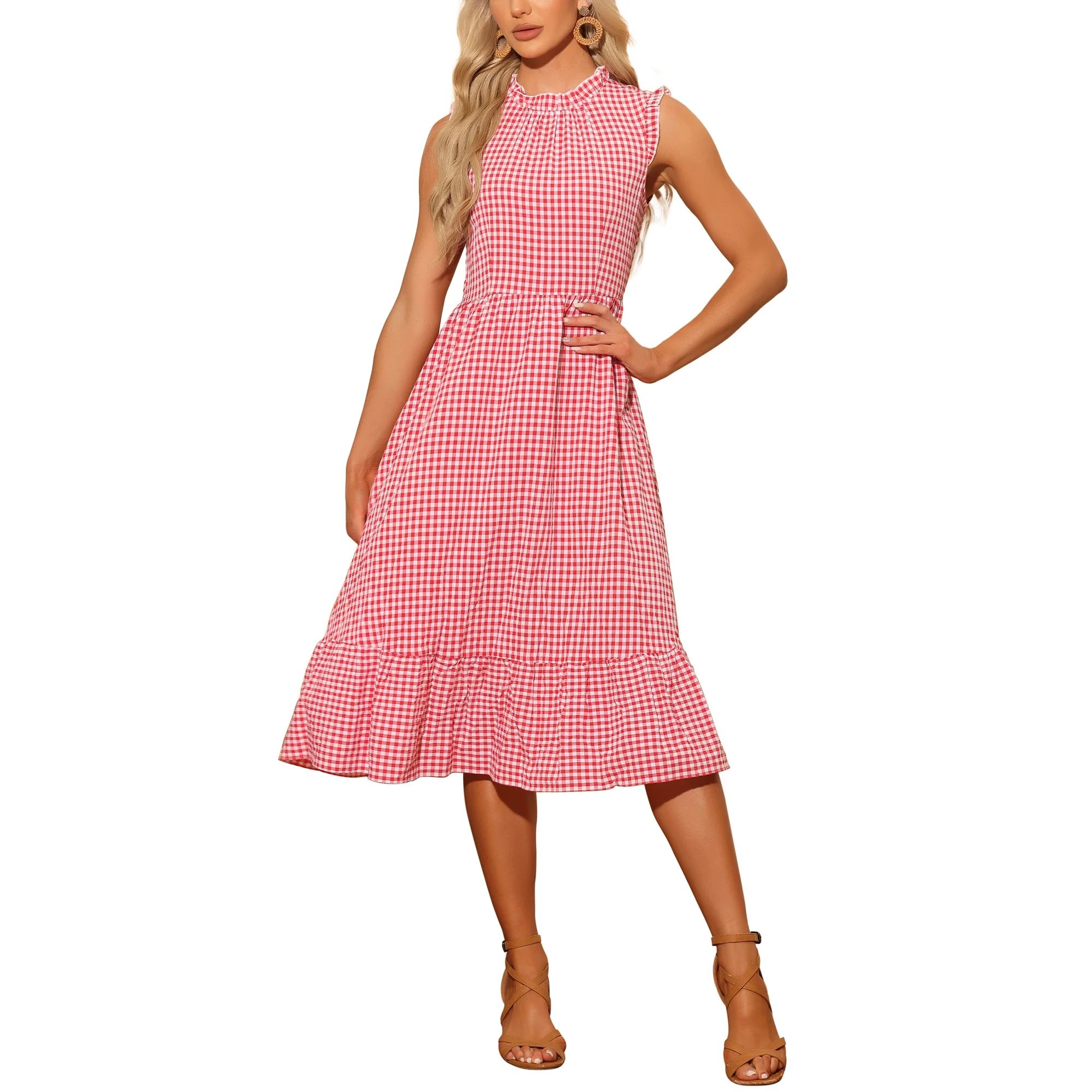 Allegra K Check Plaid Dress for Women's Mock Neck Ruffled Sleeveless Dress | Walmart (US)