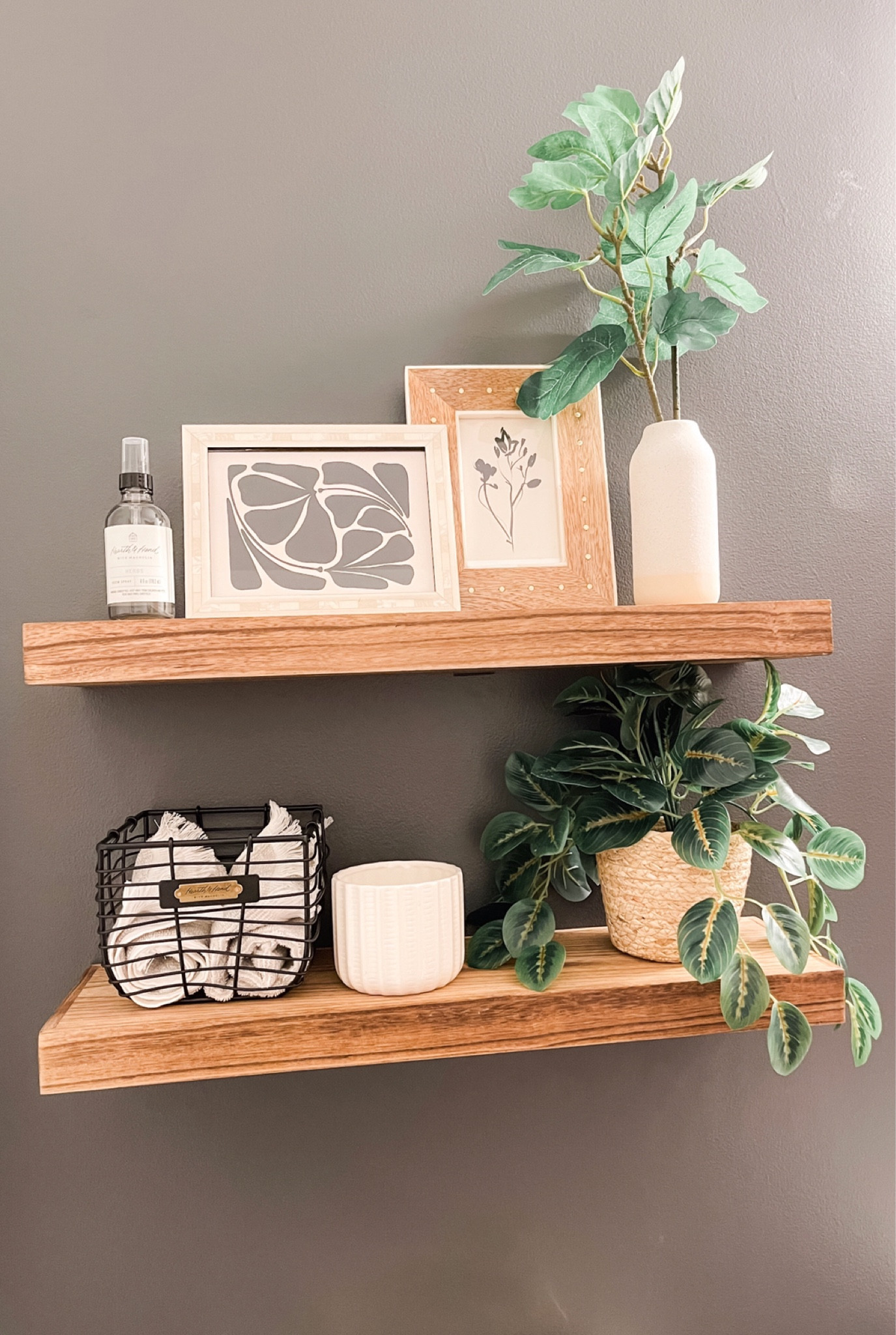 Floating shelves. Bathroom decor. Plant. Target decor. Frame. Room spray. Basket. Rag. Towel  

#LTKhome #LTKFind