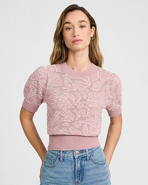 Cotton Contrast Floral Crew Neck Puff Sleeve Sweater | Express