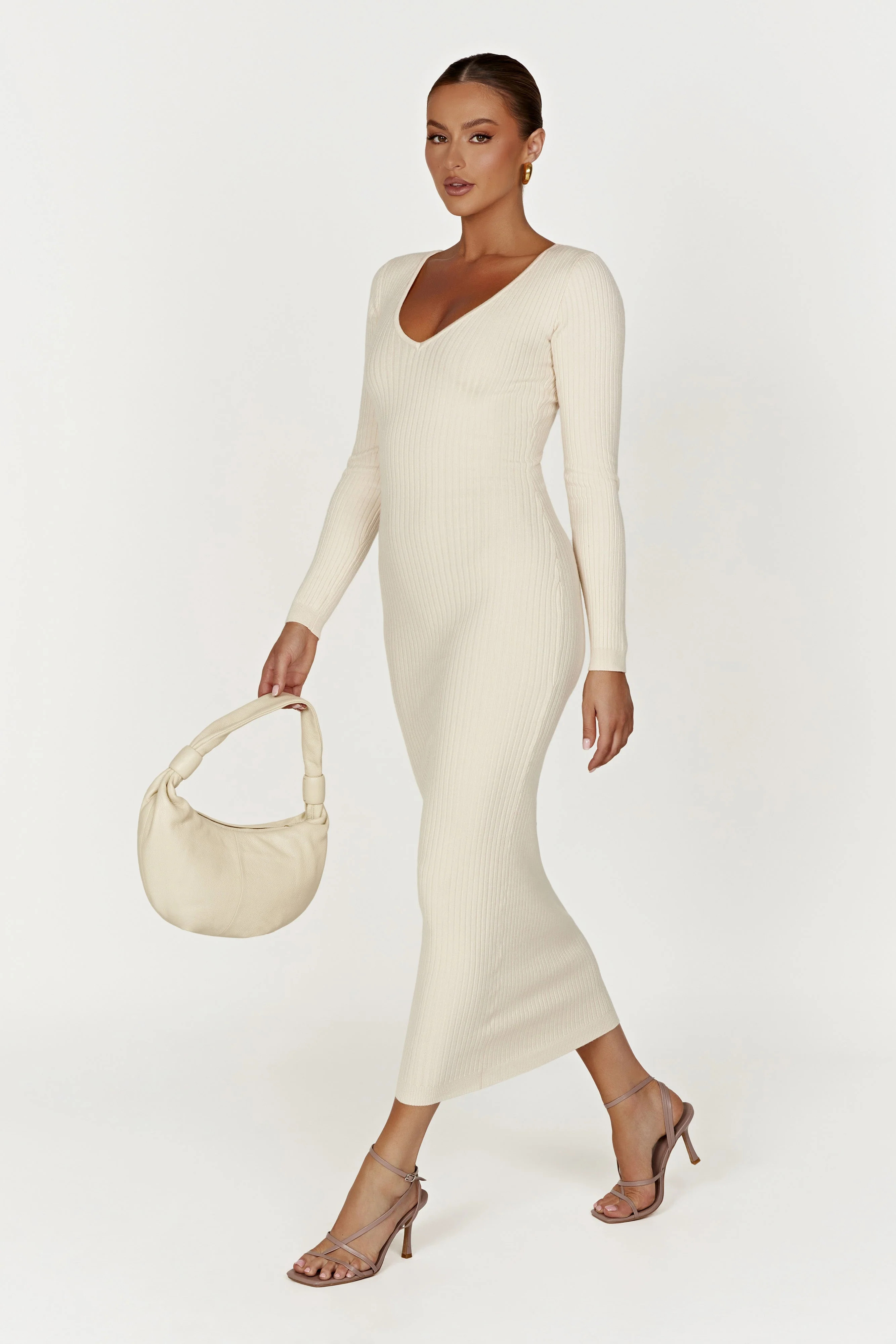 Nina Long Sleeve Knit Midi Dress - Cream | MESHKI US