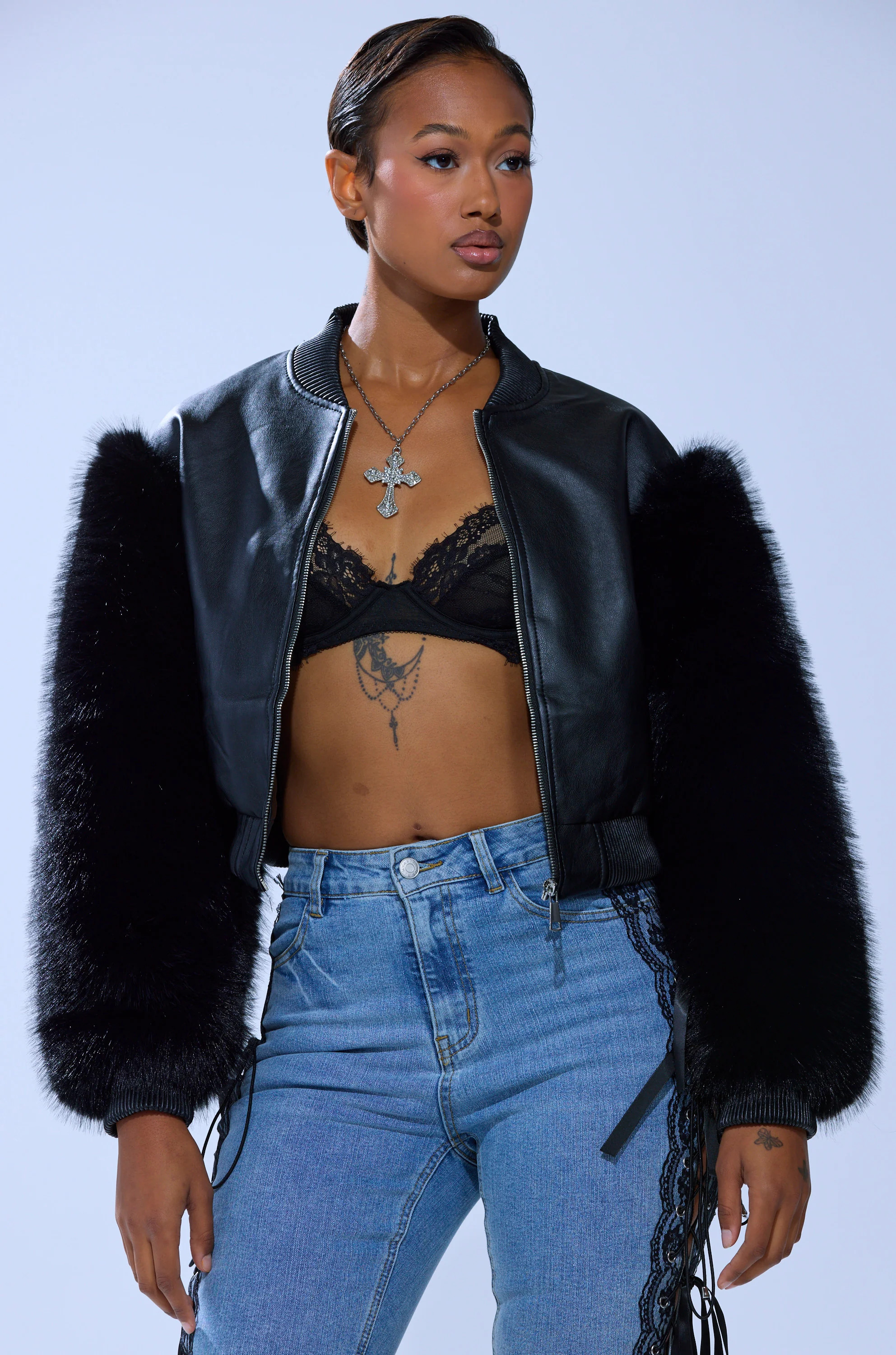 SO GOOD IT HURTS FUR SLEEVE BOMBER IN BLACK | AKIRA