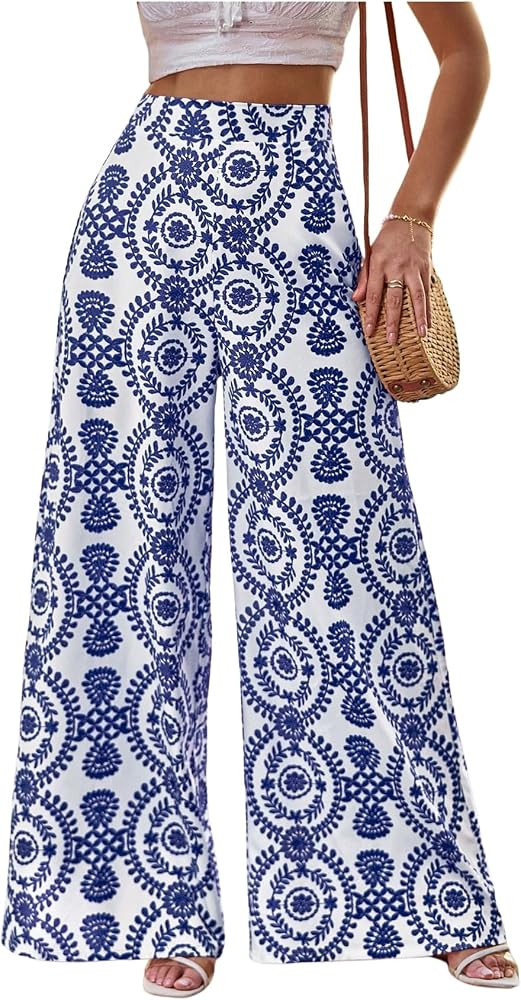 Floerns Women's High Waist Floral Wide Leg Palazzo Pants Flowy Travel Trousers | Amazon (US)
