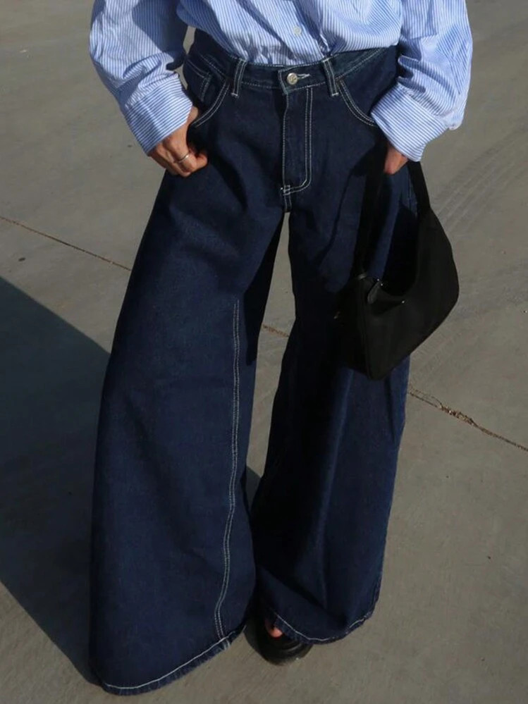 Strévra Women's Solid Color Loose Wide Leg Long Denim Jeans Y2k | SHEIN