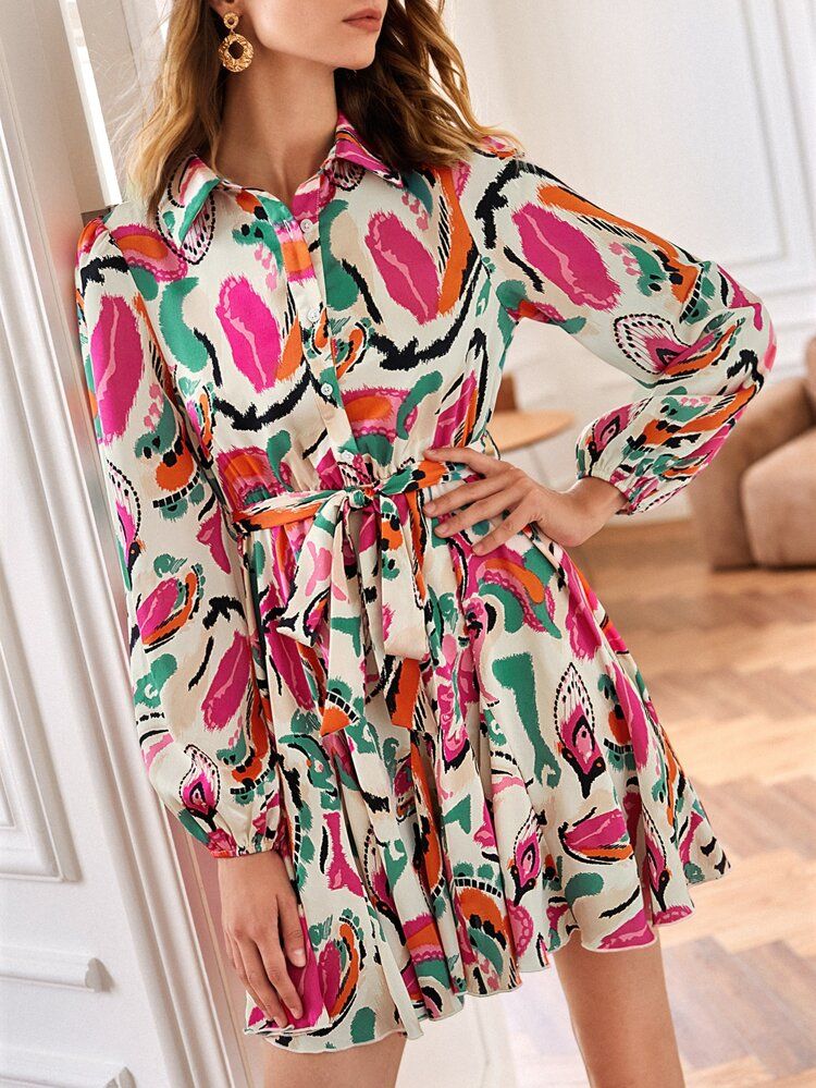 New
     
      SHEIN Frenchy Floral Print Lantern Sleeve Belted Shirt Dress | SHEIN