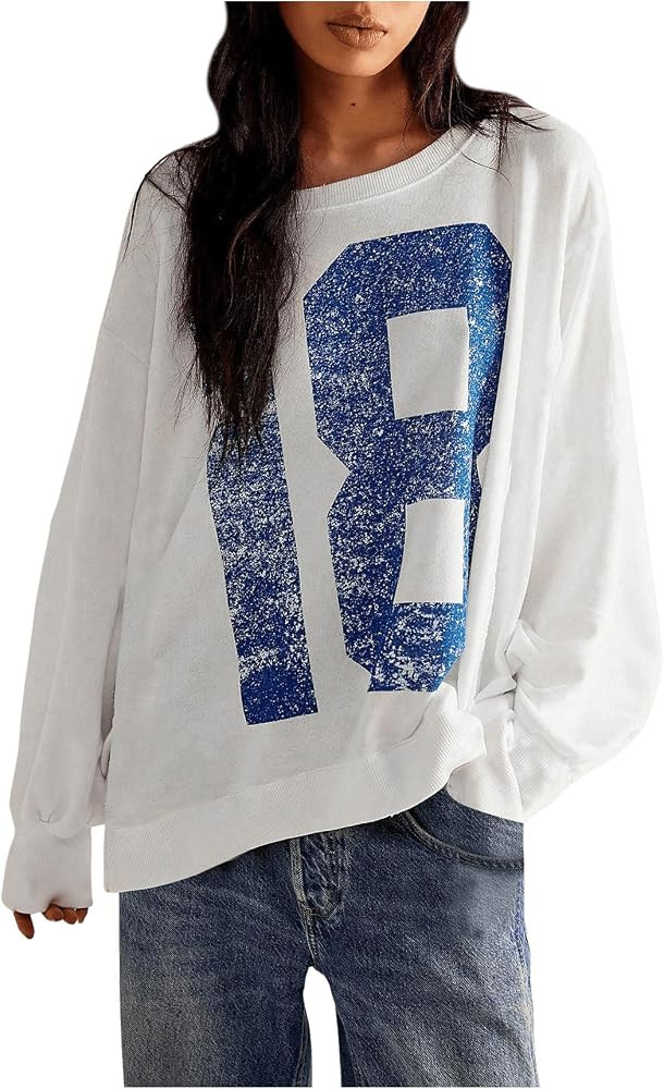 Milumia Women's Number Graphic Tee Tshirt Long Sleeve Crew Neck Sweatshirt Oversized Pullovers | Amazon (US)