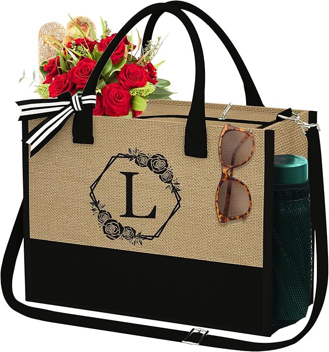 YOOLIFE Initial Jute Beach Travel Tote Bag with Zipper Adjustable Strap Mothers Day Birthday Gift... | Amazon (US)